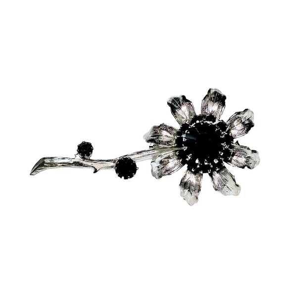 Flower Brooch Prong Set Black Crystal Silver Tone Dahlia Sunflower Daisy VTG EUC - Picture 2 of 11